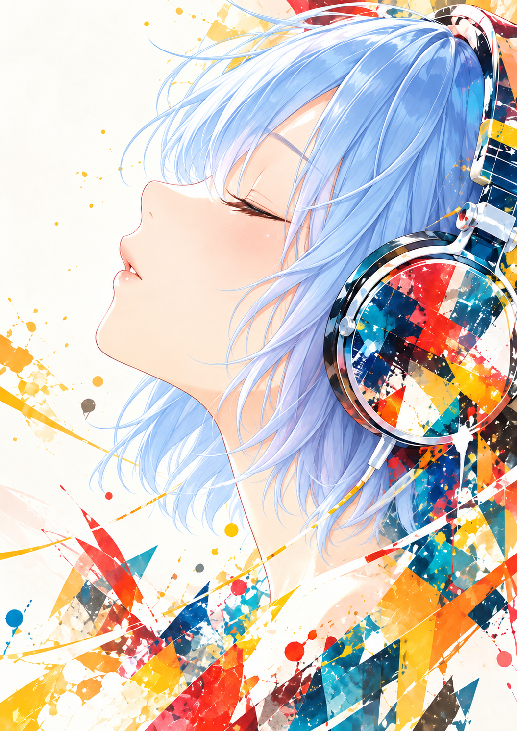 目を閉じてヘッドホンで音楽を聴く、音戯あくあの横顔。水色の髪と鮮やかな抽象色彩のイラスト
